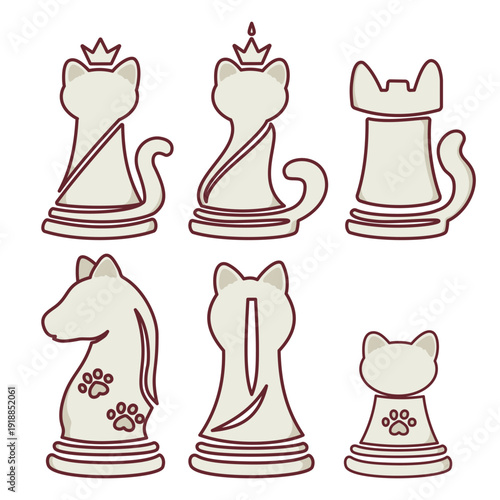 White cat chess pieces icon set for board game decoration