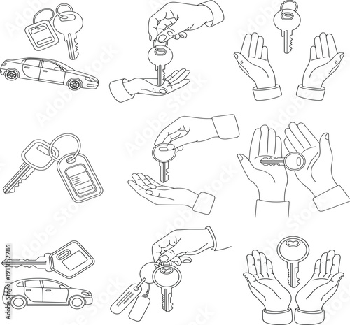 Minimalist vector line art set of car keys and hands holding vehicle keys for automotive design