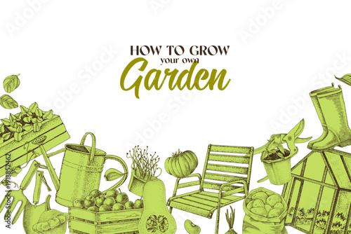 Sketched background with gardening tools