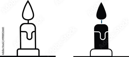 Two minimalist icons of a burning candle, one in outline style and the other solid, both showing dripping wax and a flame.