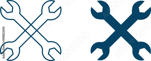 Two crossed wrenches, one outlined and one solid blue, symbolizing tools and service.