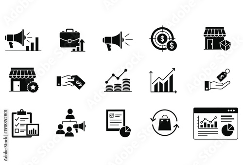 Marketing Strategy Icons Set Solid Glyph Vector Pack