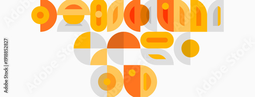 Abstract geometric shapes form text. Warm orange hues dominate design. Minimalist style evokes retro aesthetic. Composition feels playful, modern.