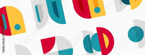 Abstract geometric shapes overlap, creating colorful pattern. Red, teal, yellow, gray dominate design. Simple forms suggest playful aesthetic.