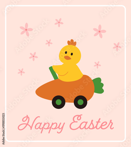 Cute Yellow Chick Driving Carrot Toy Easter Greeting Card.
Adorable Chick in Carrot Car Easter Card Illustration.
Happy Easter Chick Riding Carrot Vehicle Vector.