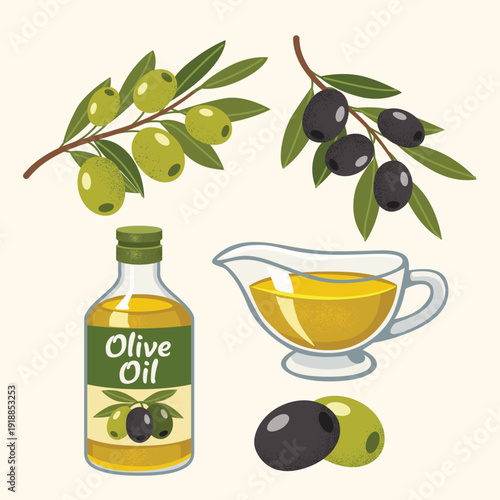 Set of Olive Oil and Olives Vector Illustration: Green and Black Olives on Branch, Glass Bottle, and Oil Gravy Boat Isolated on Cream Background.
