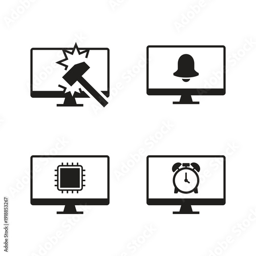 Solid hardware monitor and alert glyph icons set