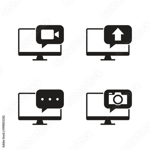 Solid communication and upload monitor glyph icons set