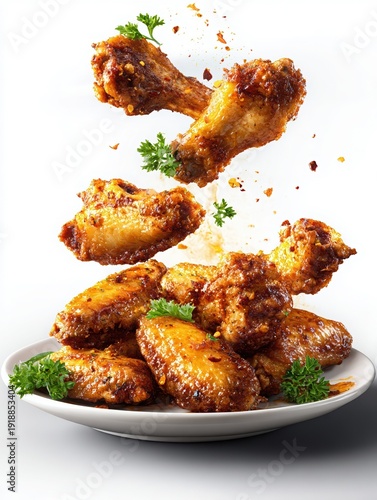 Golden brown fried chicken wings and drumettes falling onto a white plate garnished with fresh parsley and chili flakes