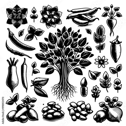 A black and white vector illustration of various vegetables and a tree with roots and leaves