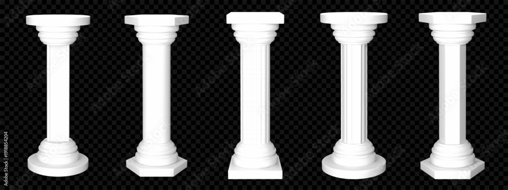 Naklejka premium Marble plinth column with concrete pillar and white cylinder podium for modern exhibition. Old round stone base with realistic texture and 3d render. Isolated vector stand for museum interior