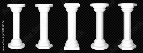 Marble plinth column with concrete pillar and white cylinder podium for modern exhibition. Old round stone base with realistic texture and 3d render. Isolated vector stand for museum interior
