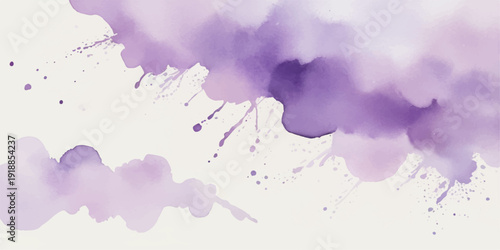 Abstract purple watercolor background featuring artistic ink splashes and pink paint splatters on a textured paper pattern for a grunge vector illustration design