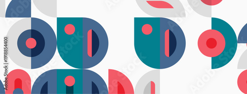 Abstract geometric pattern. Shapes overlap, creating playful visual texture. Colors include blue, red, teal, gray. Simple design.