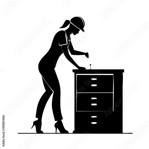 Woman in high heels searching through a filing cabinet drawer
