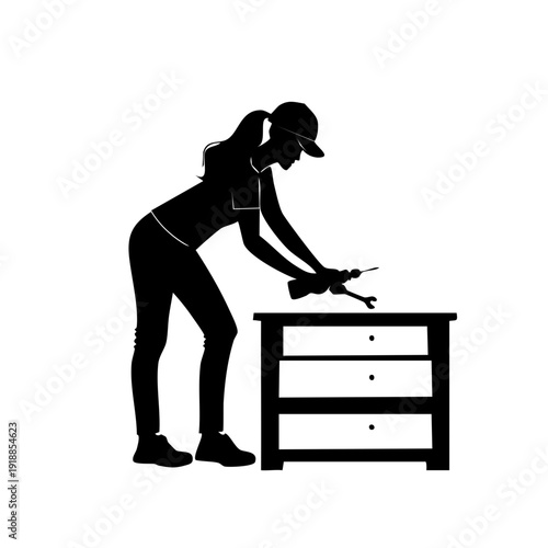 Woman Assembling Furniture with Tools Standing Near Dresser in a Room Viewed from the Side