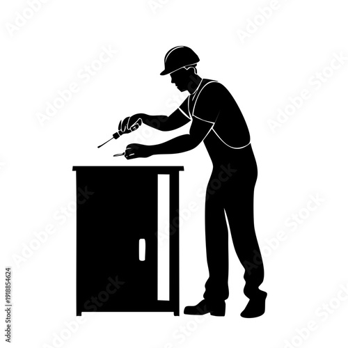 A worker in a hard hat examines a cabinet with a tool in hand, standing beside it, in a simple graphic illustration