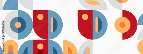 Abstract pattern features colorful geometric shapes. Circles, semicircles, arcs create playful design. Light background enhances vibrant hues.
