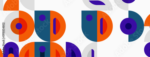 Abstract geometric pattern. Circles, semicircles, shapes overlap using orange, purple, teal colors. Modern design, simple aesthetic.