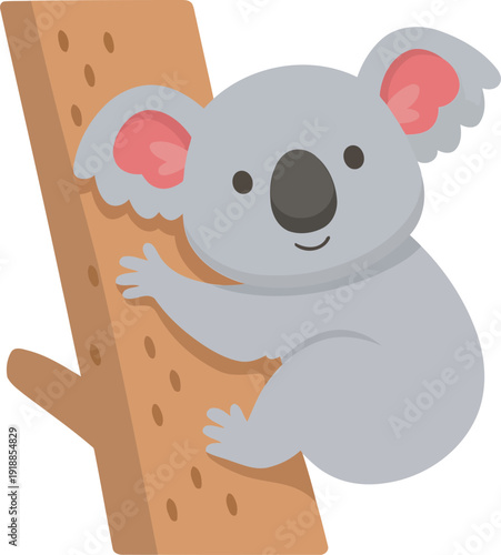 This sweet koala is peacefully clinging to a tree, displaying a serene expression, symbolizing tranquility and the beauty of nature in a simple yet delightful cartoon design.
