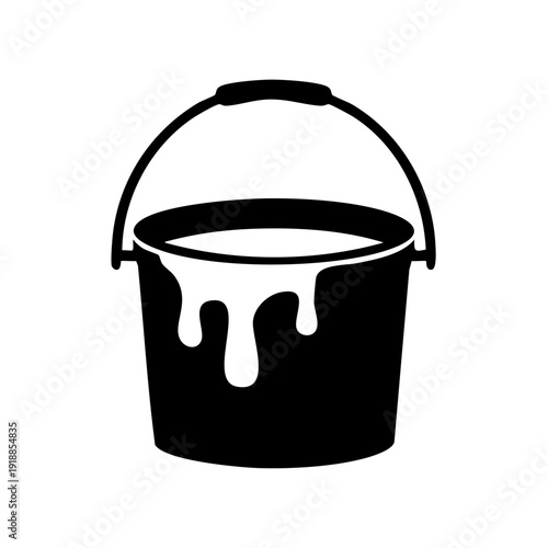 A black bucket with overflowing white liquid is viewed from the side in a simple graphic illustration