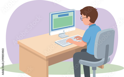 A person seated at a desk, engaged with a computer, represents concentration and productivity in a modern workspace setting that emphasizes technology in daily routines.