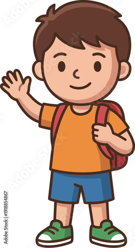 A cheerful young boy waves while carrying a bright red backpack, symbolizing adventure and childhood excitement, perfect for educational content or travel themes.