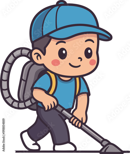 A smiling boy in a blue shirt and cap walks cheerfully with a backpack vacuum cleaner, ready to tidy up the park area while enjoying his day outdoors.