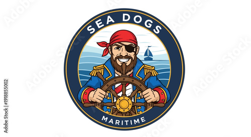 Pirate Captain Steering Ship Wheel, Nautical Emblem, Maritime Adventure