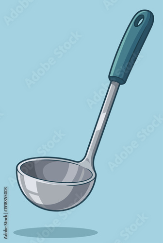 A shiny stainless steel ladle designed for serving soups and stews, embodying functionality and elegance in kitchenware for cooking enthusiasts and chefs alike.