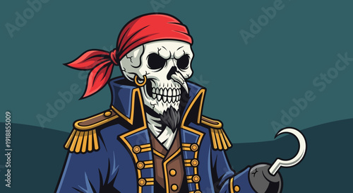 Pirate Skeleton with Hook Hand, Red Bandana, and Blue Jacket