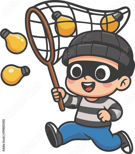A cheerful child dressed as a playful character joyfully running with a net, aiming to catch glowing light bulbs, reflecting creativity and playful innocence in a fun illustration.