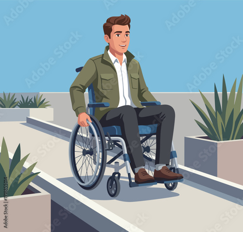 A smiling young man using a wheelchair confidently moves down a modern ramp, symbolizing accessibility and empowerment in urban environments for all.