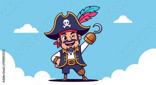 Cartoon Pirate Character Winking with Hook Hand and Feathered Hat