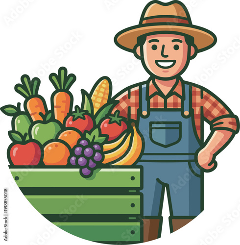 A happy farmer stands beside a colorful assortment of fresh fruits and vegetables, showcasing the bountiful harvest and promoting healthy eating and agriculture.
