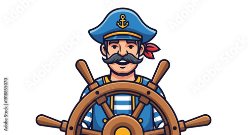 Cartoon Captain Steering Ship Wheel Nautical Adventure