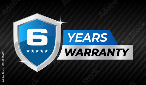 6 years warranty badge blue shield guarantee label quality assurance seal vector illustration