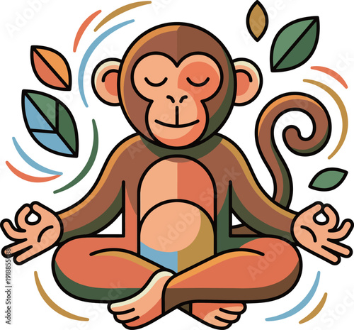 A calming illustration of a meditating monkey, eyes closed in tranquility, surrounded by colorful leaves, perfectly illustrating peace, mindfulness, and relaxation.