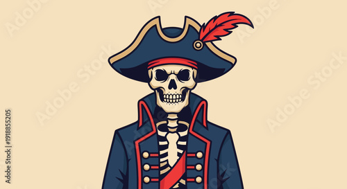 Skeleton Pirate Captain in Tricorne Hat and Blue Coat with Red Trim