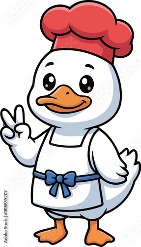 A cute cartoon duck dressed as a chef humorously poses with a peace sign, emphasizing a cheerful, light-hearted vibe perfect for any cooking or food-themed project.