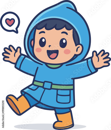 This lively illustration shows a joyful child in blue rain gear, happily moving and expressing excitement, perfect for capturing youthful joy and adventure themes.