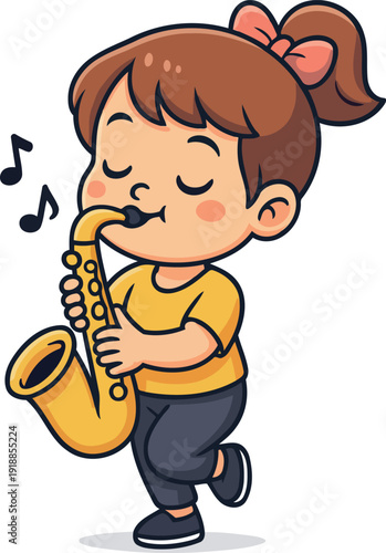 A young girl happily plays the saxophone, filled with joy and music, capturing the essence of childhood creativity and passion for music in a vibrant, fun atmosphere.