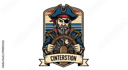 Pirate Captain Holding Ship Wheel, Nautical Vintage Retro Style Illustration