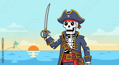 Skeleton Pirate with Sword on Tropical Island Sunset Background