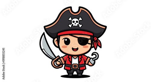 Cute Chibi Pirate Character with Sword and Hook on White Background