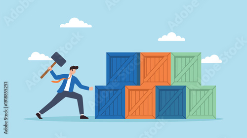 This playful illustration depicts a businessman smashing colorful boxes with a hammer, representing determination, overcoming obstacles, and a fun take on productivity.