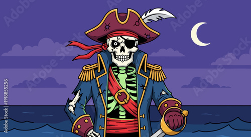 Spooky Skeleton Pirate Captain with Sword and Eye Patch at Night