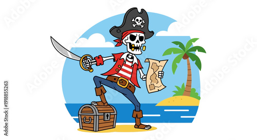 Cartoon Skeleton Pirate with Treasure Map and Sword on Tropical Island
