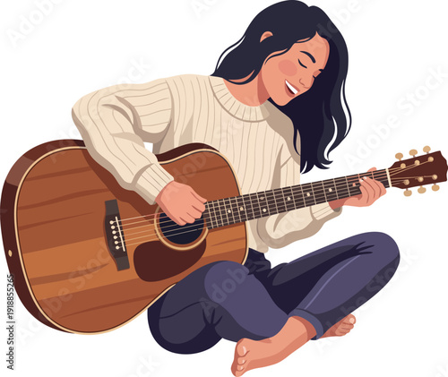This uplifting illustration presents a young girl playing her guitar with joy, dressed in a cozy sweater, capturing the warmth of musical passion and youthful happiness.