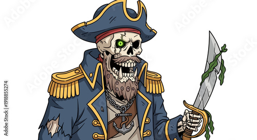 Scary Skeleton Pirate Captain with Cutlass and Green Glowing Eye